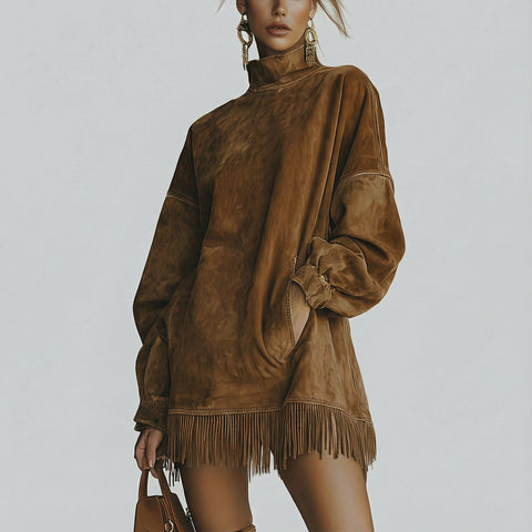 ADELA™ | Vestido de cuello alto de ante con flecos