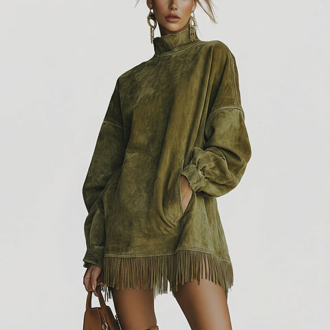 ADELA™ | Vestido de cuello alto de ante con flecos